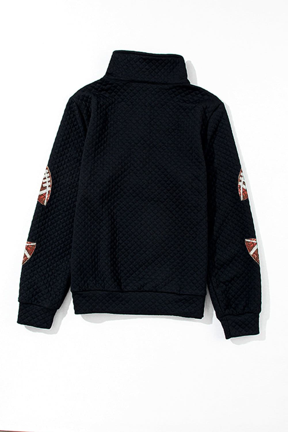 image-Sequin Rugby Sweatshirt - Quarter Zip, Textured Black with Football Patches