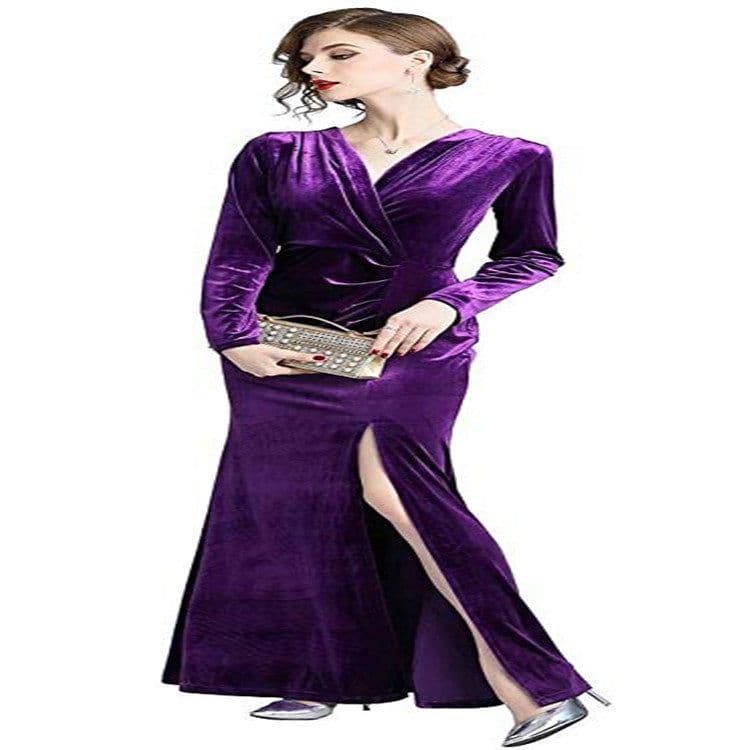 image-Women's Velvet Evening Dress - Claret Long Sleeve XL