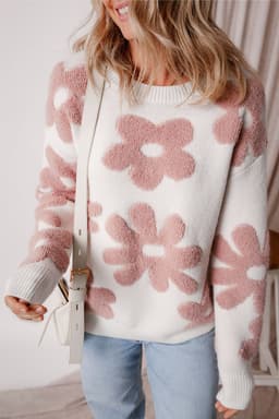 image-White Textured Flower Drop Shoulder Loose Sweater