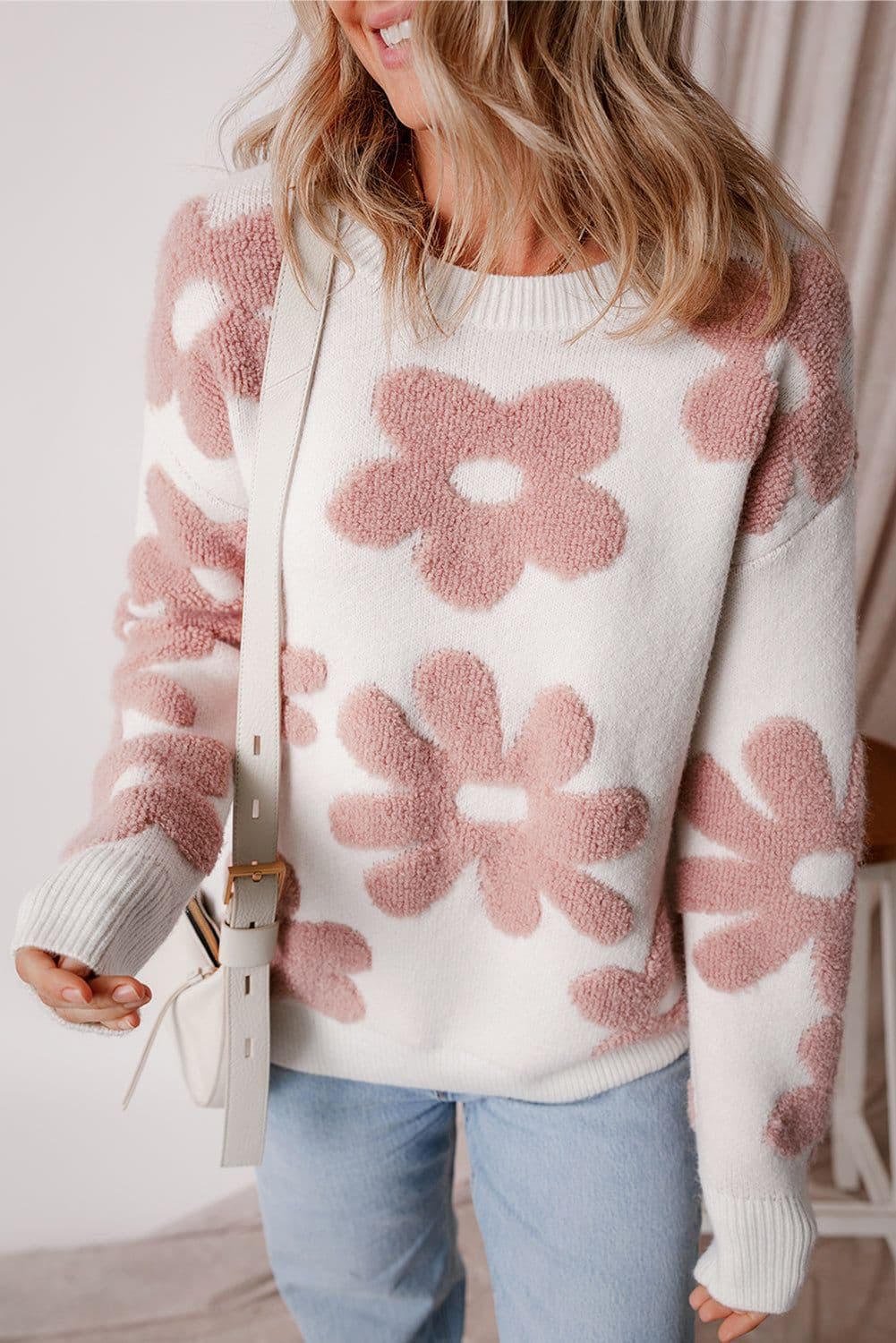 image-White Textured Flower Drop Shoulder Loose Sweater