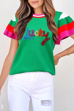 image-Bright Green Striped Flutter Sleeve Sweater