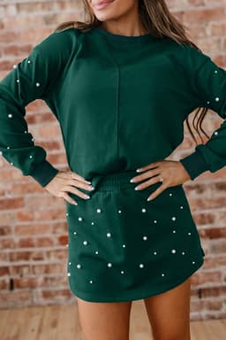 image-Dark Green Pearl Embellished Drop Shoulder Pullover Elastic Waist Mini Skirt Set