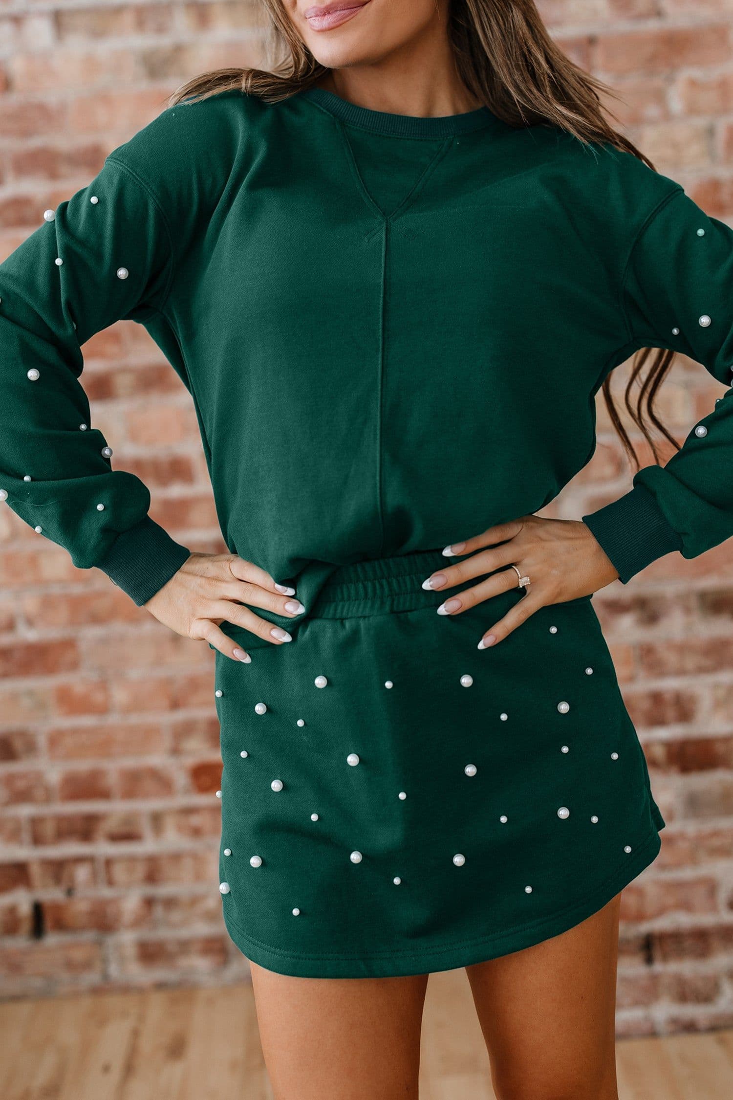 image-Dark Green Pearl Embellished Drop Shoulder Pullover Elastic Waist Mini Skirt Set