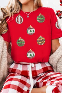 image-Red Christmas Ornament Sequin Graphic Tee