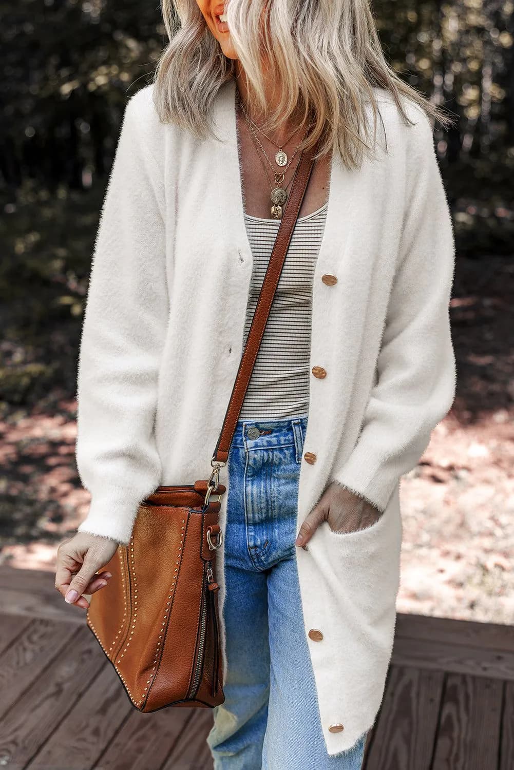 image-White Fuzzy Cardigan - Midi Length Buttoned Front