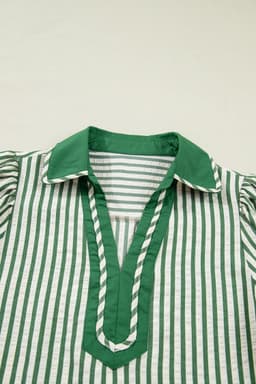 image-Green Stripe Collared Split Neck Bubble Sleeve Blouse