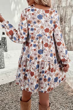 image-Khaki Tiered Floral Round Neck Ruffled Long Sleeve Dress