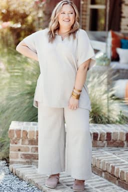 image-Beige Plus Size Textured Collared Top and Pants Set