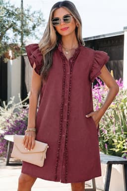 image-Denim Mini Dress - Frilled Ruffle Short Sleeve - Feminine Button Down