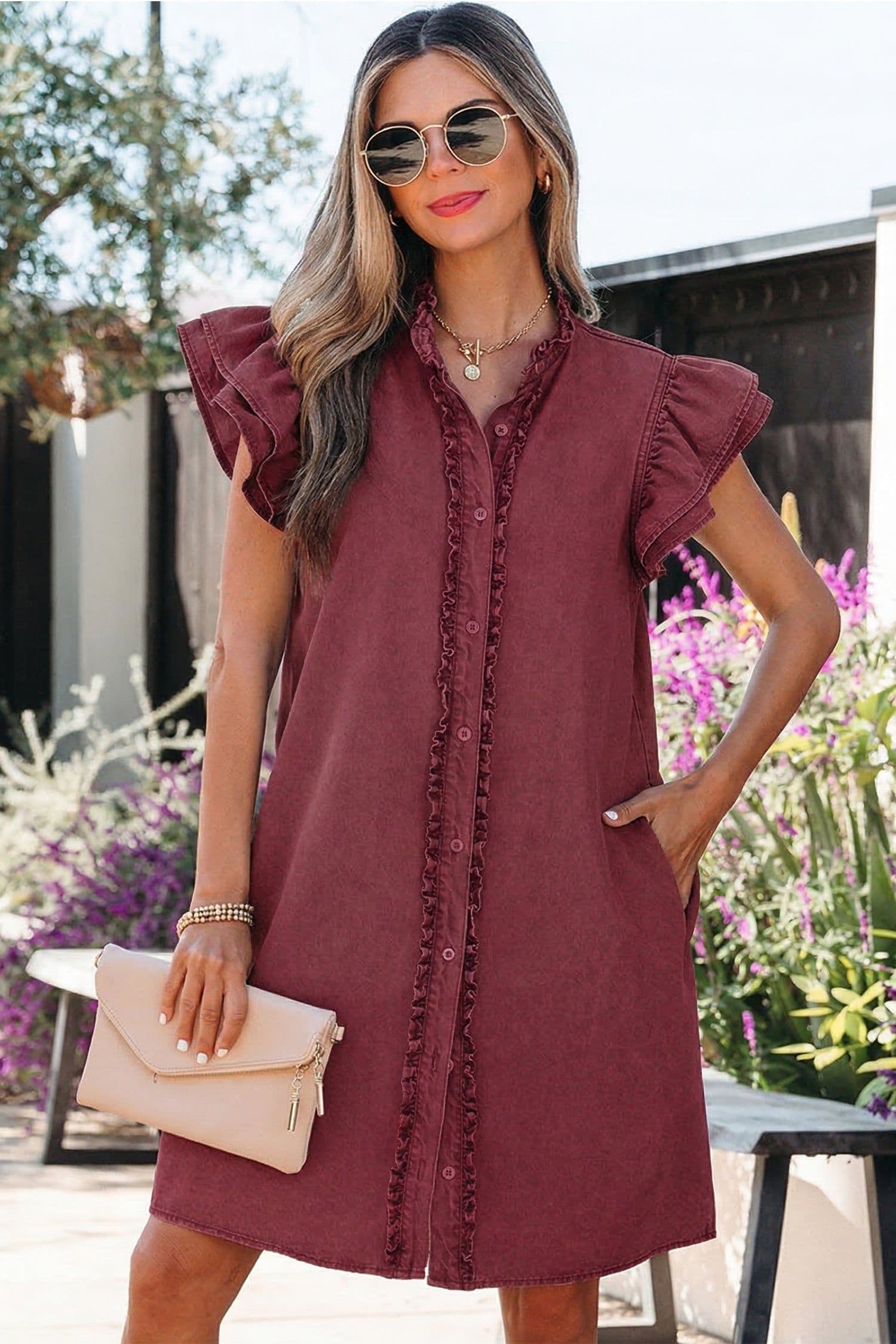 image-Denim Mini Dress - Frilled Ruffle Short Sleeve - Feminine Button Down