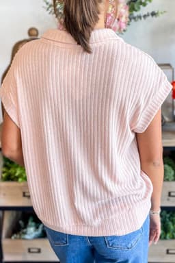 image-Light Pink Collared V Neck Ribbed Tee