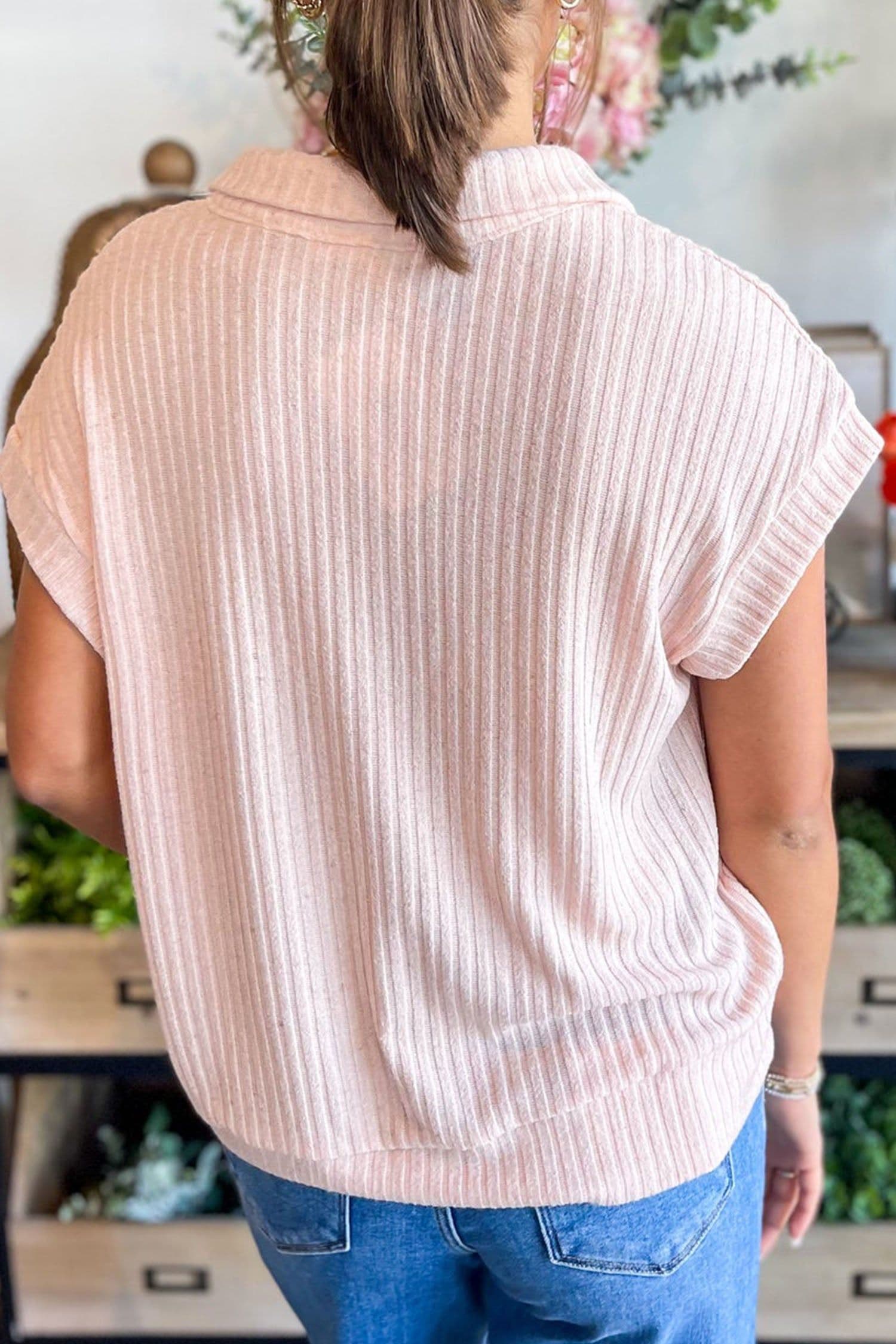 image-Light Pink Collared V Neck Ribbed Tee
