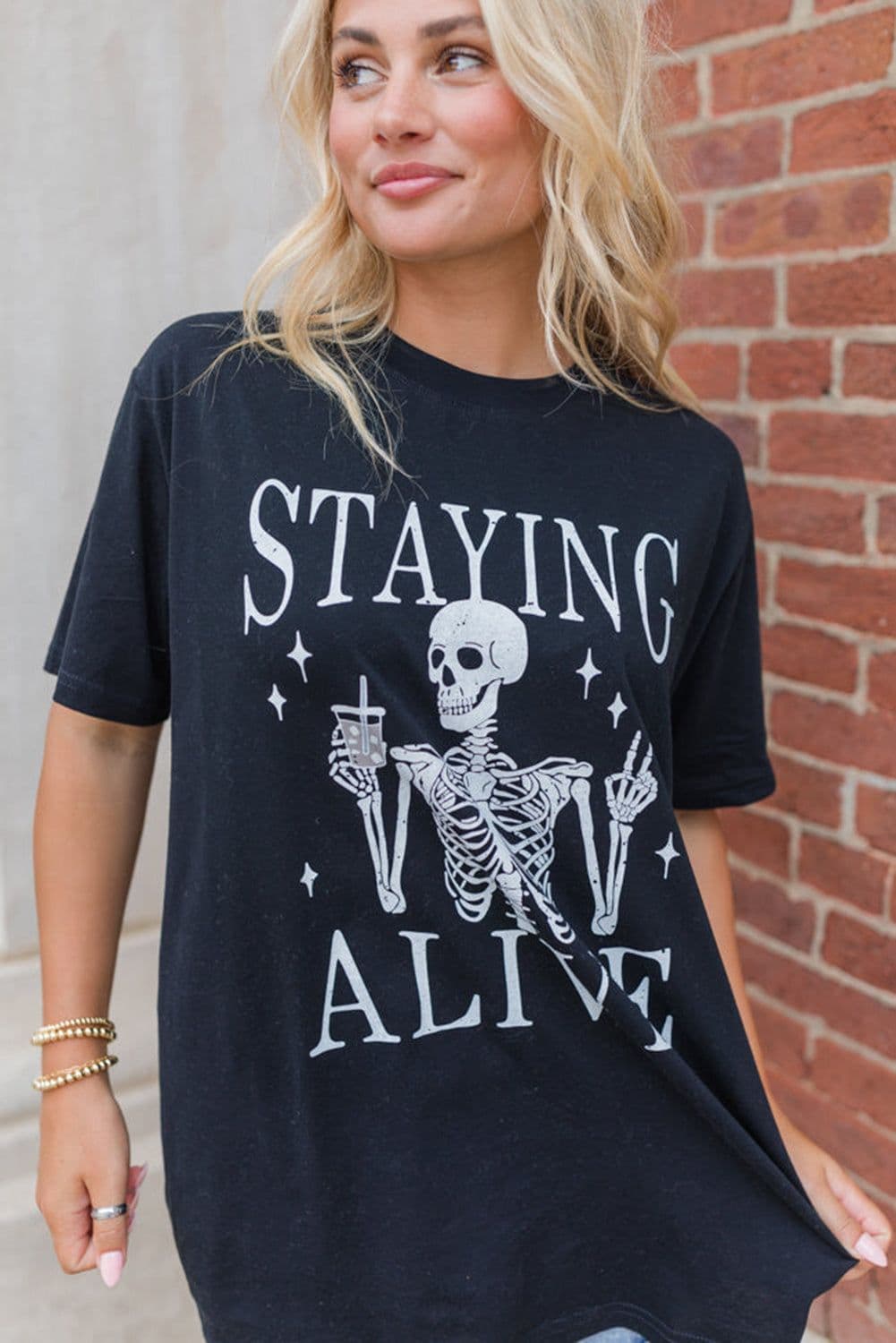 image-Funny Skeleton Print Round Neck T-Shirt - Black, Sizes S-2XL