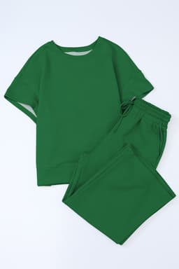 image-Strawberry Pink Textured Loose Fit T Shirt and Drawstring Pants Set