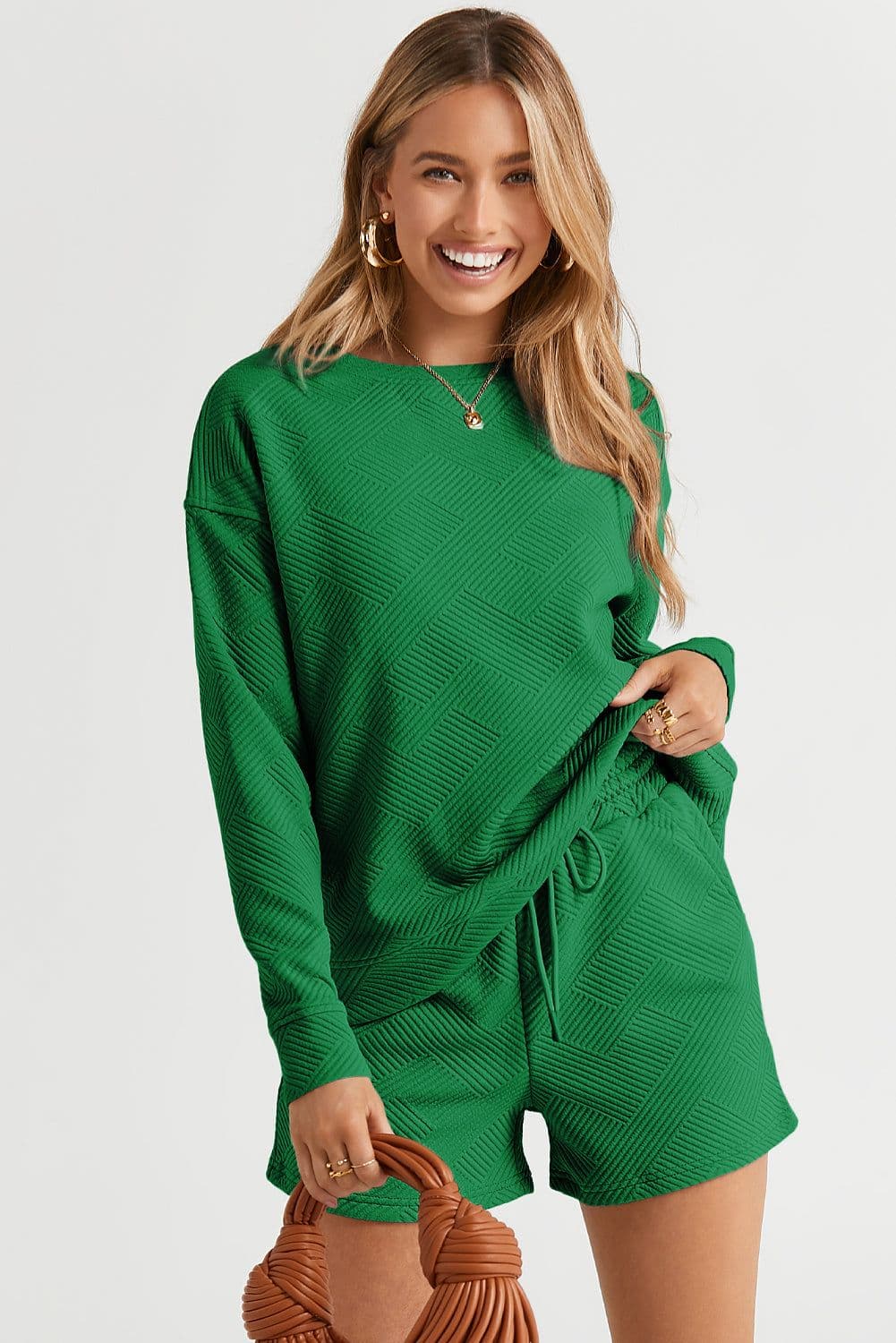 image-Textured Long Sleeve Top & Drawstring Shorts Set - Green