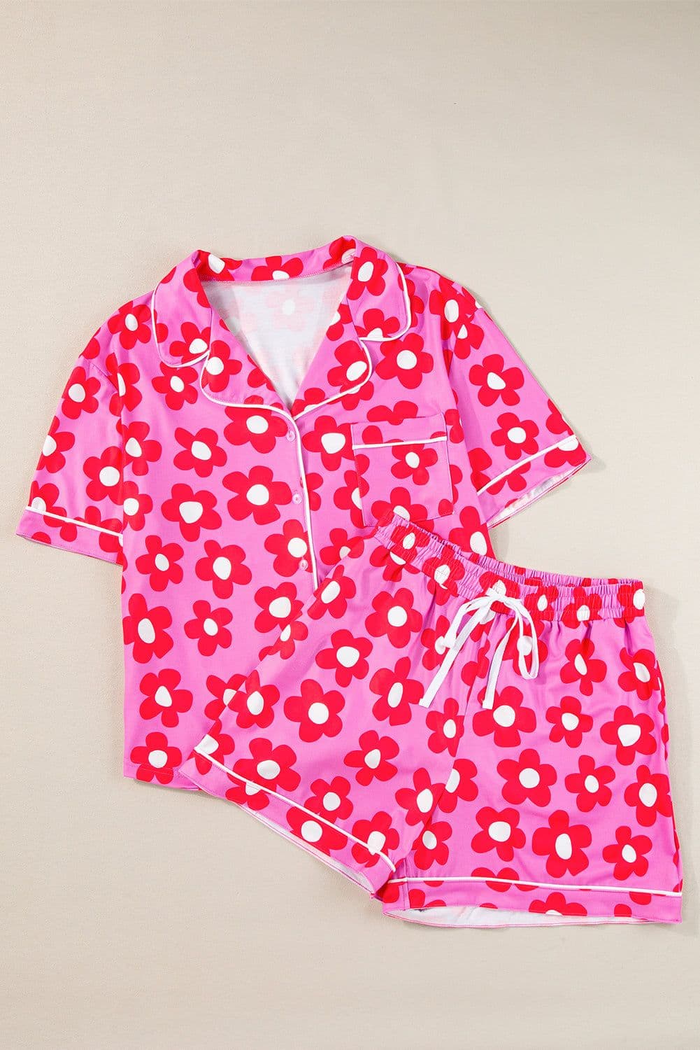 image-Green Flower Print Short Sleeve Pajamas Set