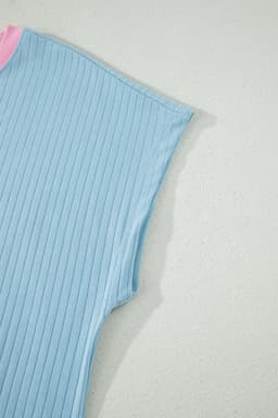 image-Aqua Soft Ribbed Color Block Trim Casual Shorts Set