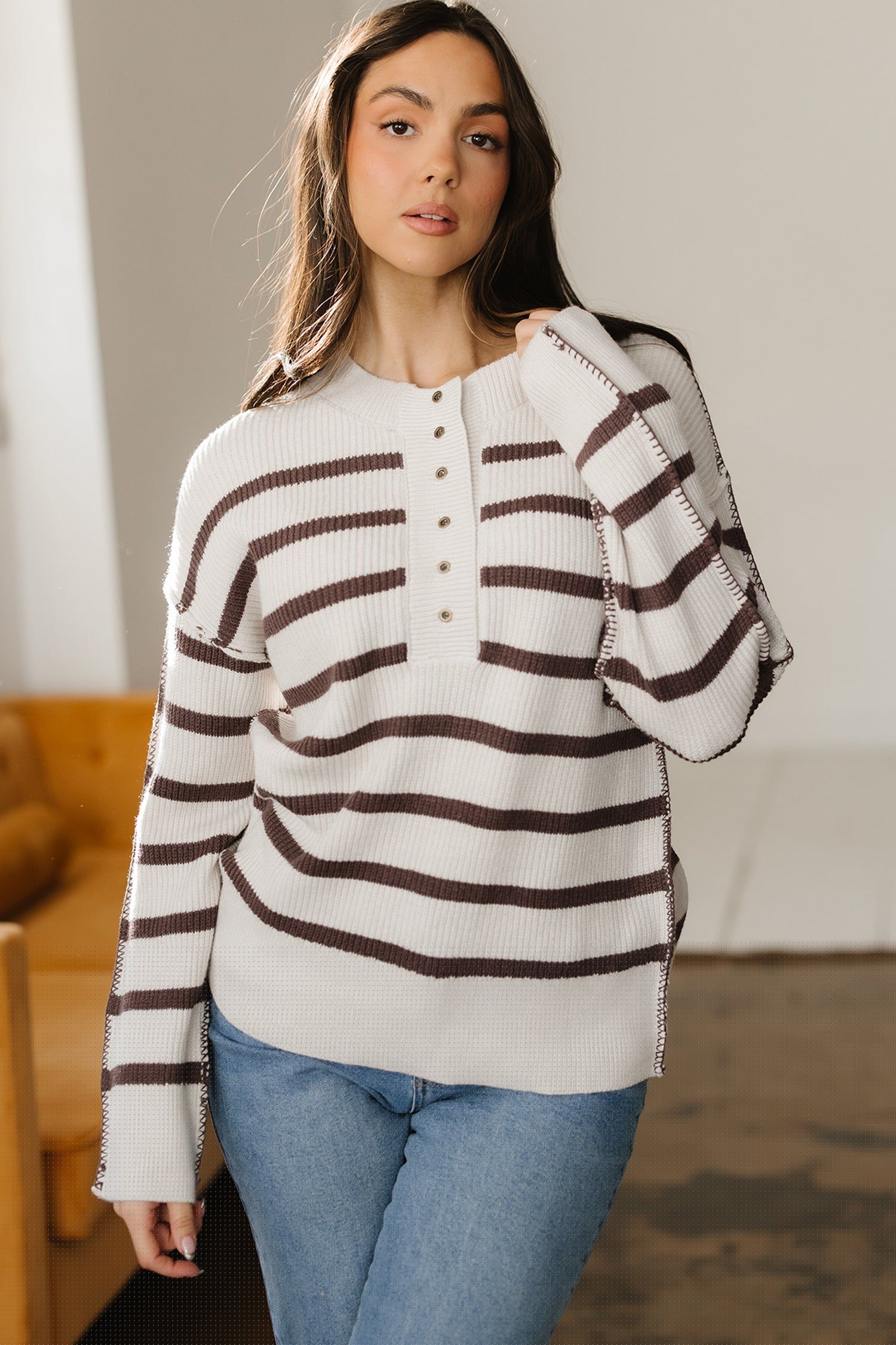 image-Brown Stripe Ribbed Henley Drop Shoulder Slouchy Sweater