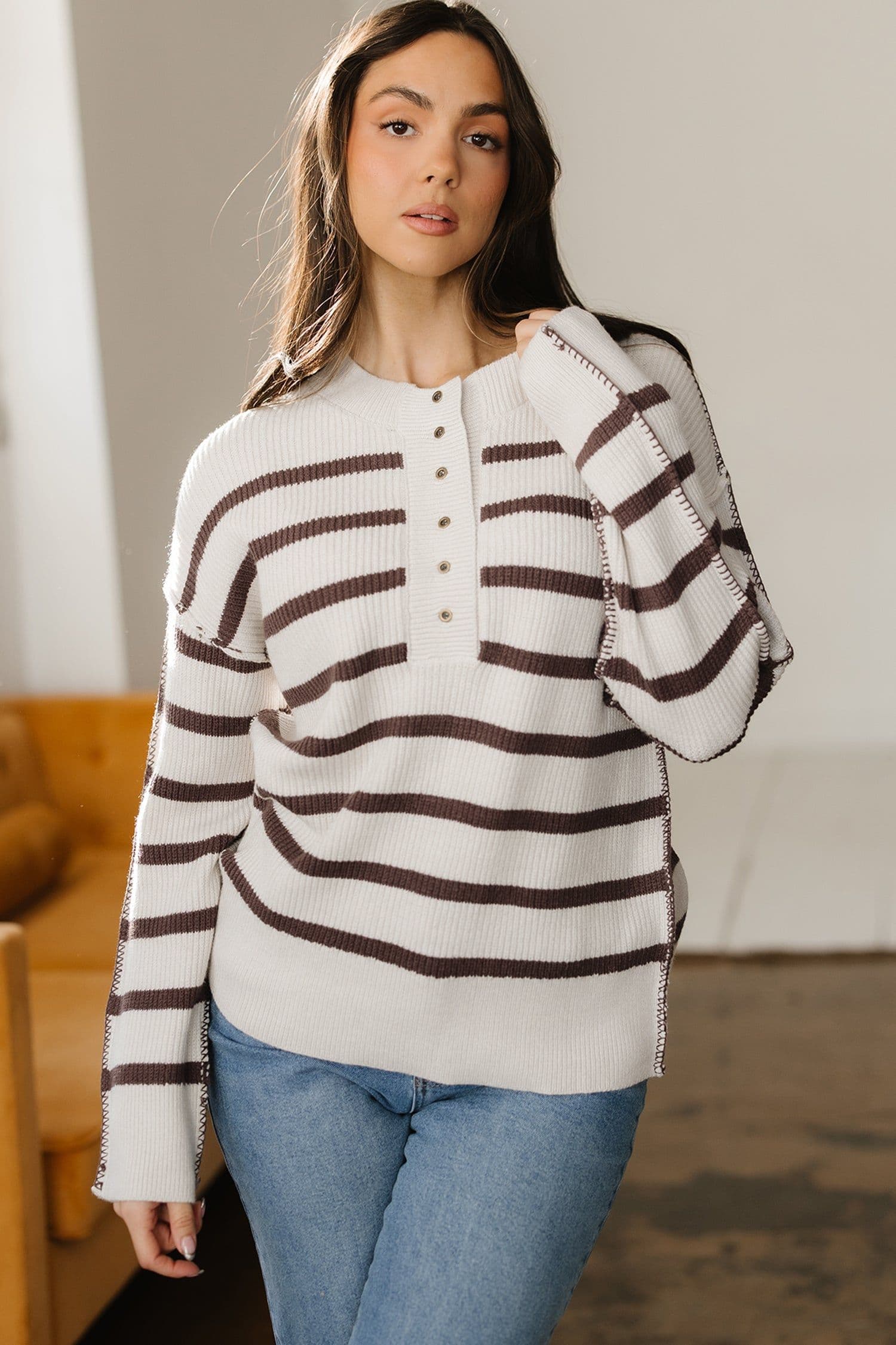 image-Brown Stripe Ribbed Henley Drop Shoulder Slouchy Sweater