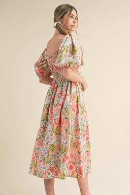 image-Apricot Pink Floral Smocked Bust Bubble Short Sleeve Maxi Dress