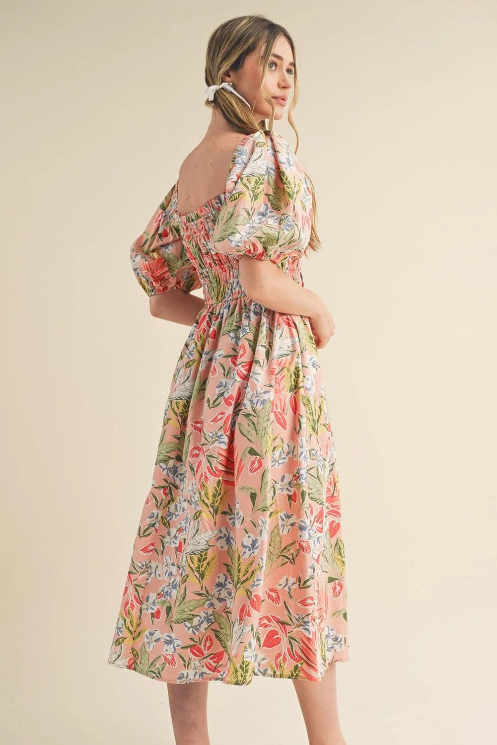image-Apricot Pink Floral Smocked Bust Bubble Short Sleeve Maxi Dress