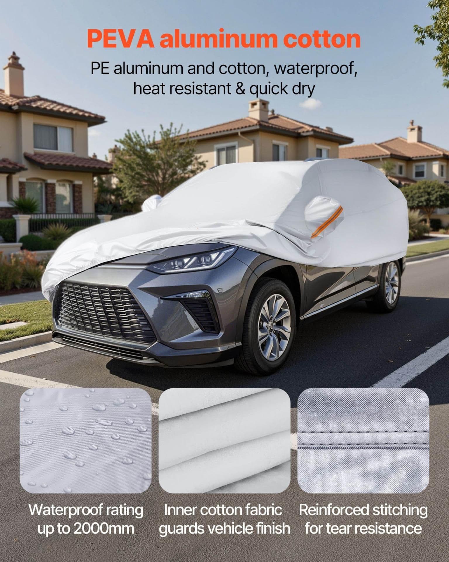 image-VEVOR Car Cover, Car Cover Waterproof for Toyota RAV4 Compact SUV, Custom-fit All Weather Sun Rain Wind Frost Dust Snow Protection Full Exterior Covers with Door Zipper and Cotton Lining, Silver
