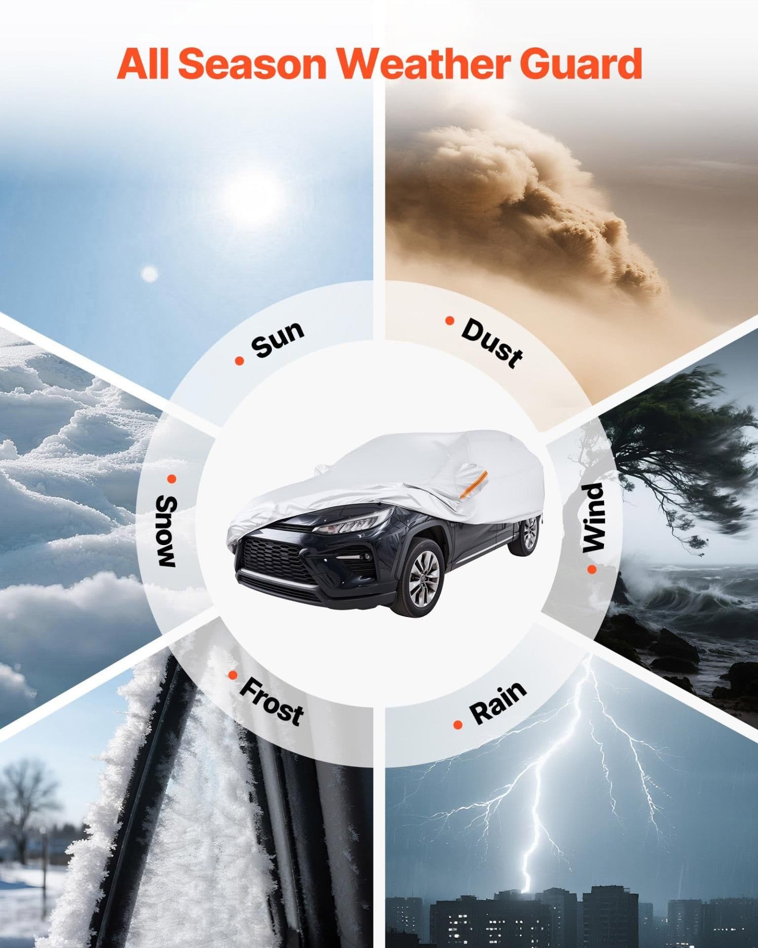 image-VEVOR Car Cover, Car Cover Waterproof for Toyota RAV4 Compact SUV, Custom-fit All Weather Sun Rain Wind Frost Dust Snow Protection Full Exterior Covers with Door Zipper and Cotton Lining, Silver