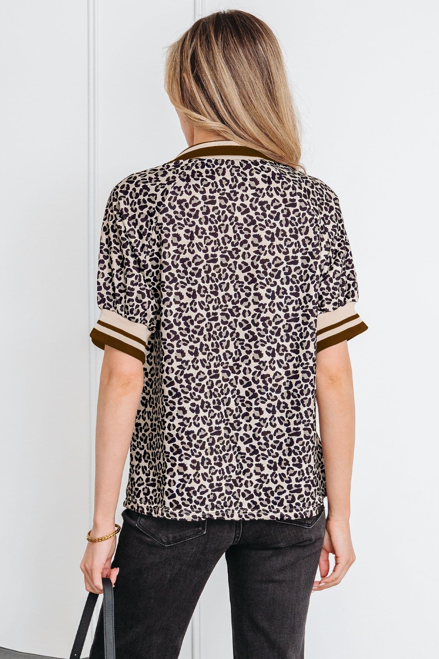 image-Brown Leopard Print Half Zip Striped Trim Patchwork Short Sleeve Top