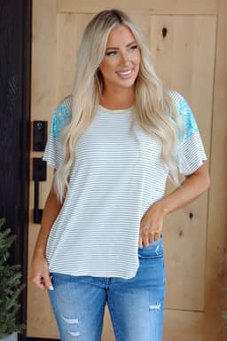 image-White Stripe Floral Insert Sleeves Contrast Round Neck Tee