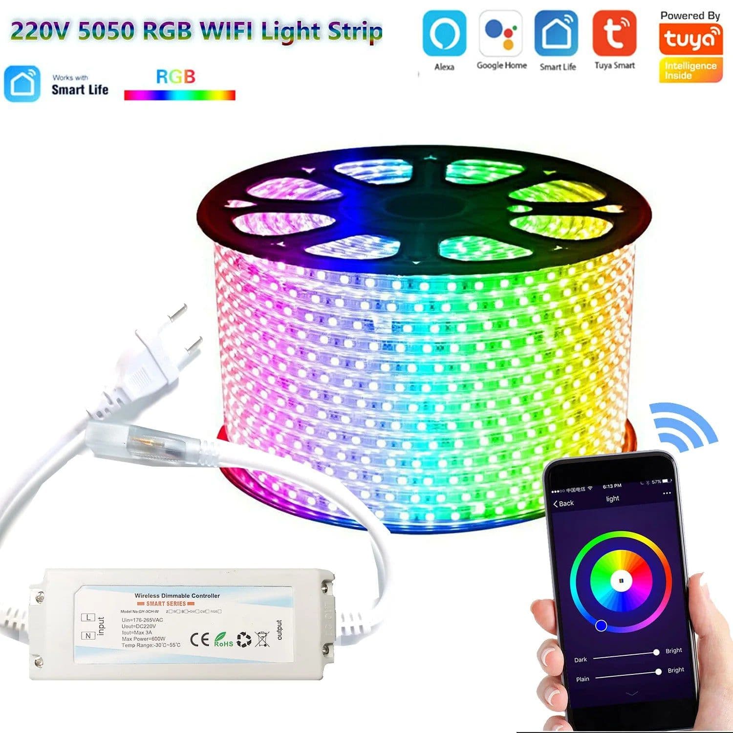 image-220V 230V Tuya Smart Life SMD5050 RGB CCT LED Strip Light Wifi Voice Contol Dimmer Outdoor Garden Lights for Alexa Google Home