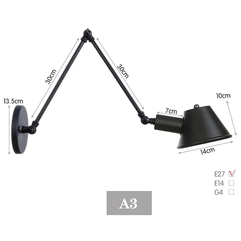 image-WGNUU Black Rustic Vintage Adjustable Arm Wall Lamp LED