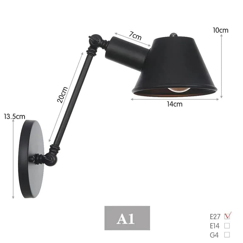 image-WGNUU Black Rustic Vintage Adjustable Arm Wall Lamp LED