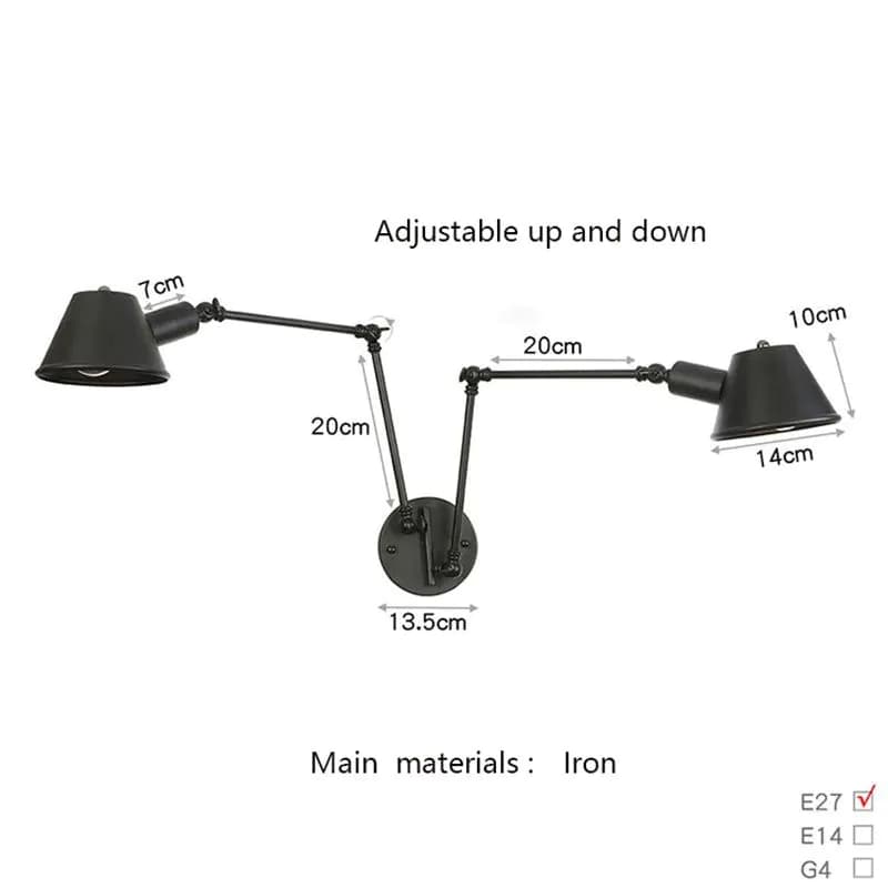 image-WGNUU Black Rustic Vintage Adjustable Arm Wall Lamp LED