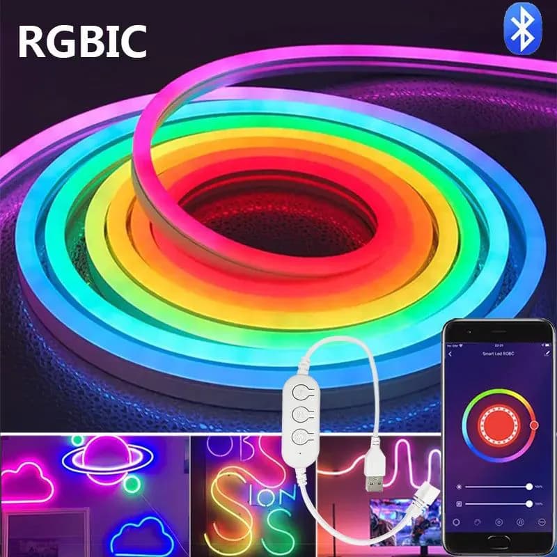 image-DC5V RGBIC Neon LED Strip Lights Neon Rope Light with Music Sync DIY RGBIC Dreamcolor Chasing Strip Tape for Home Decor Lighting
