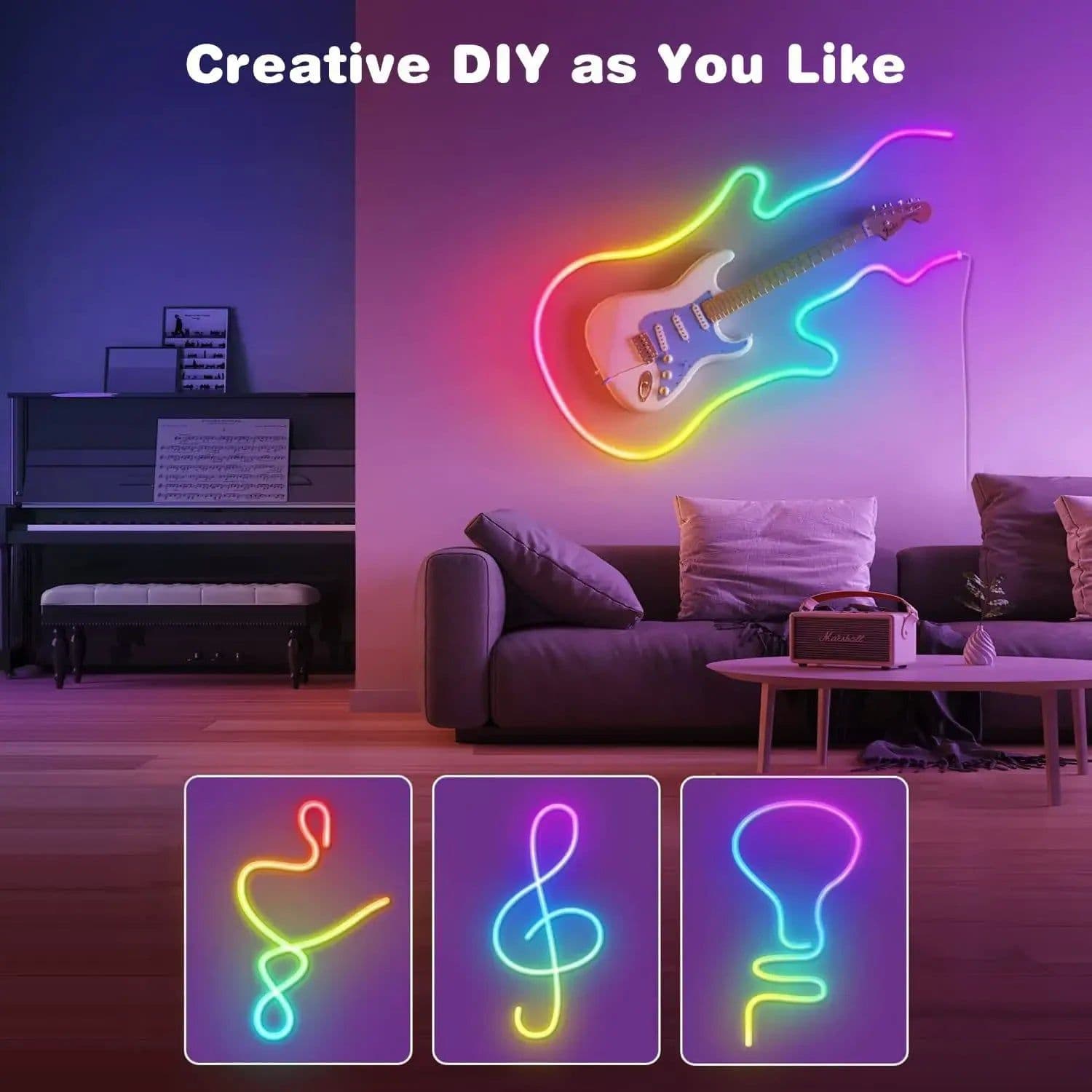 image-DC5V RGBIC Neon LED Strip Lights Neon Rope Light with Music Sync DIY RGBIC Dreamcolor Chasing Strip Tape for Home Decor Lighting
