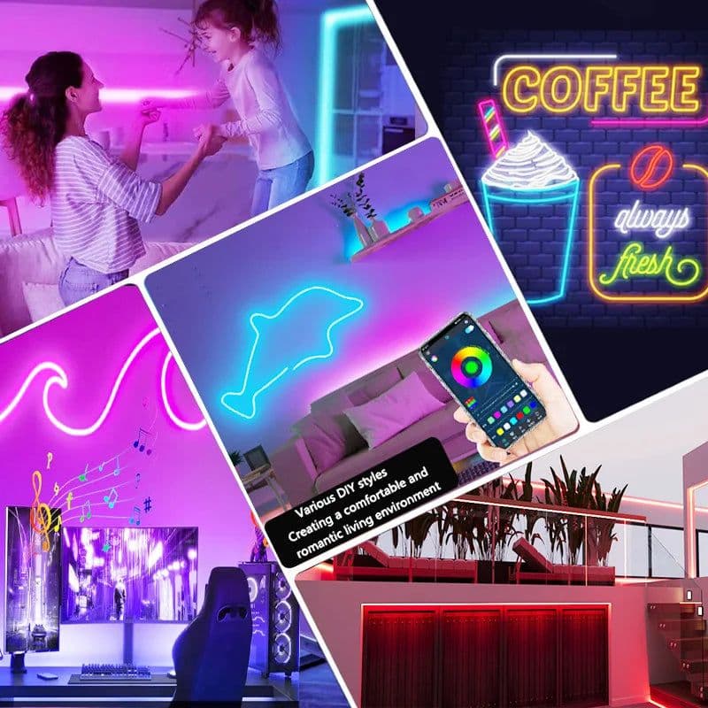 image-DC5V RGBIC Neon LED Strip Lights Neon Rope Light with Music Sync DIY RGBIC Dreamcolor Chasing Strip Tape for Home Decor Lighting