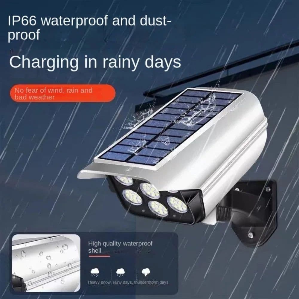 image-Solar Light Motion Sensor Security Dummy Camera Wireless Outdoor Flood Light IP65 Waterproof Lamp 3 Mode For Home Garden