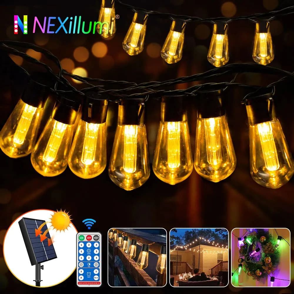 image-S14 Solar String Lights Outdoor Waterproof, 28FT 20 Bulbs Shatterproof Bulbs Patio Lights with Remote 8 Modes High-Brightness