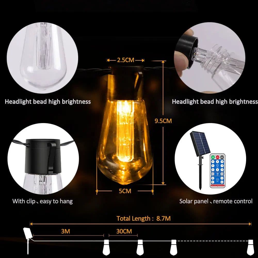 image-S14 Solar String Lights Outdoor Waterproof, 28FT 20 Bulbs Shatterproof Bulbs Patio Lights with Remote 8 Modes High-Brightness