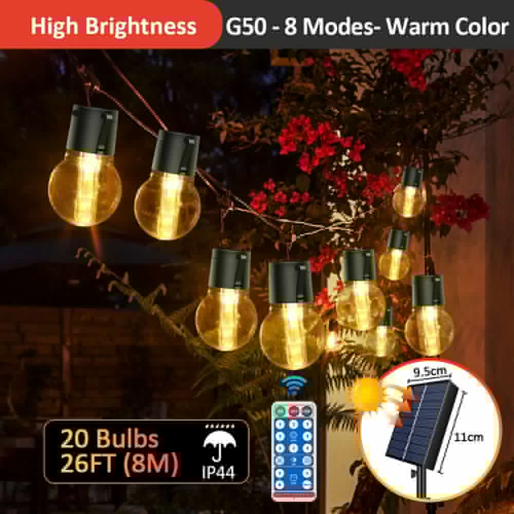 image-S14 Solar String Lights Outdoor Waterproof, 28FT 20 Bulbs Shatterproof Bulbs Patio Lights with Remote 8 Modes High-Brightness