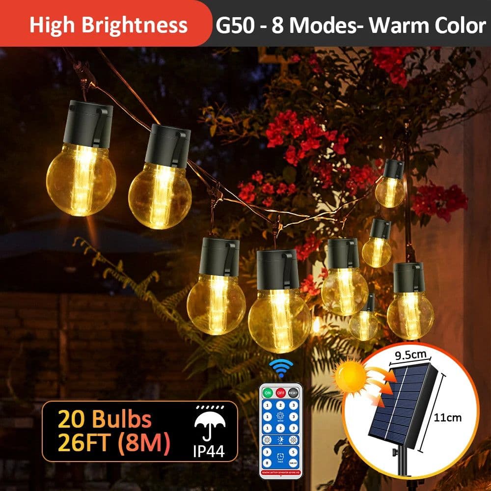 image-S14 Solar String Lights Outdoor Waterproof, 28FT 20 Bulbs Shatterproof Bulbs Patio Lights with Remote 8 Modes High-Brightness