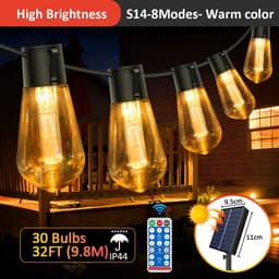 image-S14 Solar String Lights Outdoor Waterproof, 28FT 20 Bulbs Shatterproof Bulbs Patio Lights with Remote 8 Modes High-Brightness