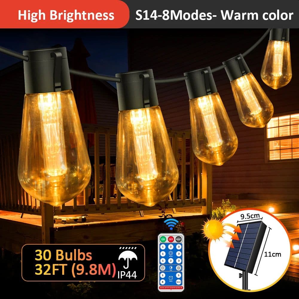 image-S14 Solar String Lights Outdoor Waterproof, 28FT 20 Bulbs Shatterproof Bulbs Patio Lights with Remote 8 Modes High-Brightness