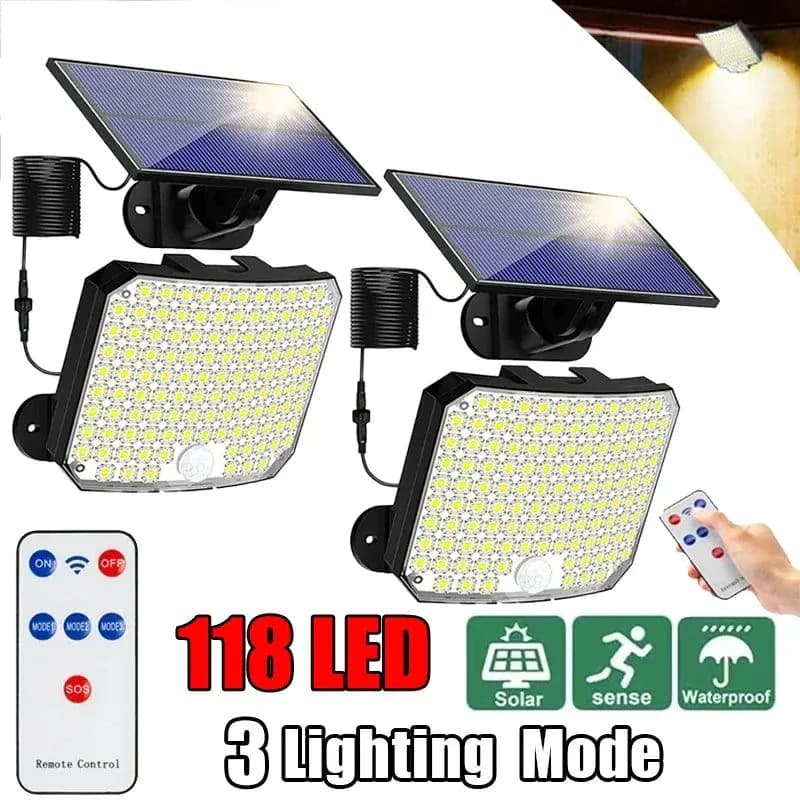 image-118LED Outdoor Solar Light 3 Mode Street lamp with Motion Sensor Remote Control IP65 Waterproof Patio Garage Backyard Wall Light