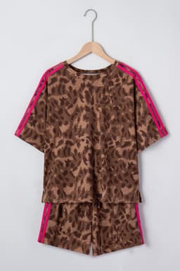 image-Brown Contrast Striped Accent Leopard Short Set