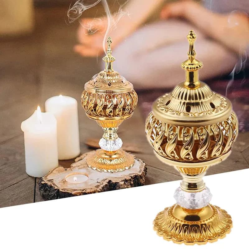 image-Incense Burner Holder Metal Censer Cone Arabian Stick Frankincense Vintage Bakhoor Coil Ash Catcher Iron Aromatherapy Fragrance