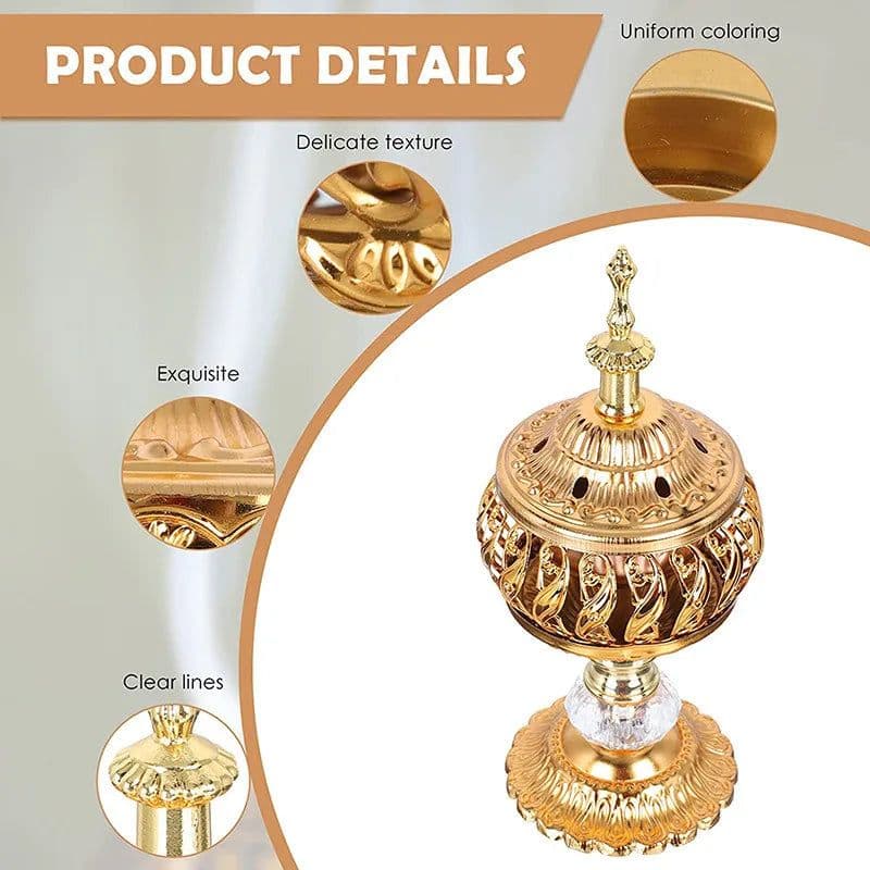 image-Incense Burner Holder Metal Censer Cone Arabian Stick Frankincense Vintage Bakhoor Coil Ash Catcher Iron Aromatherapy Fragrance