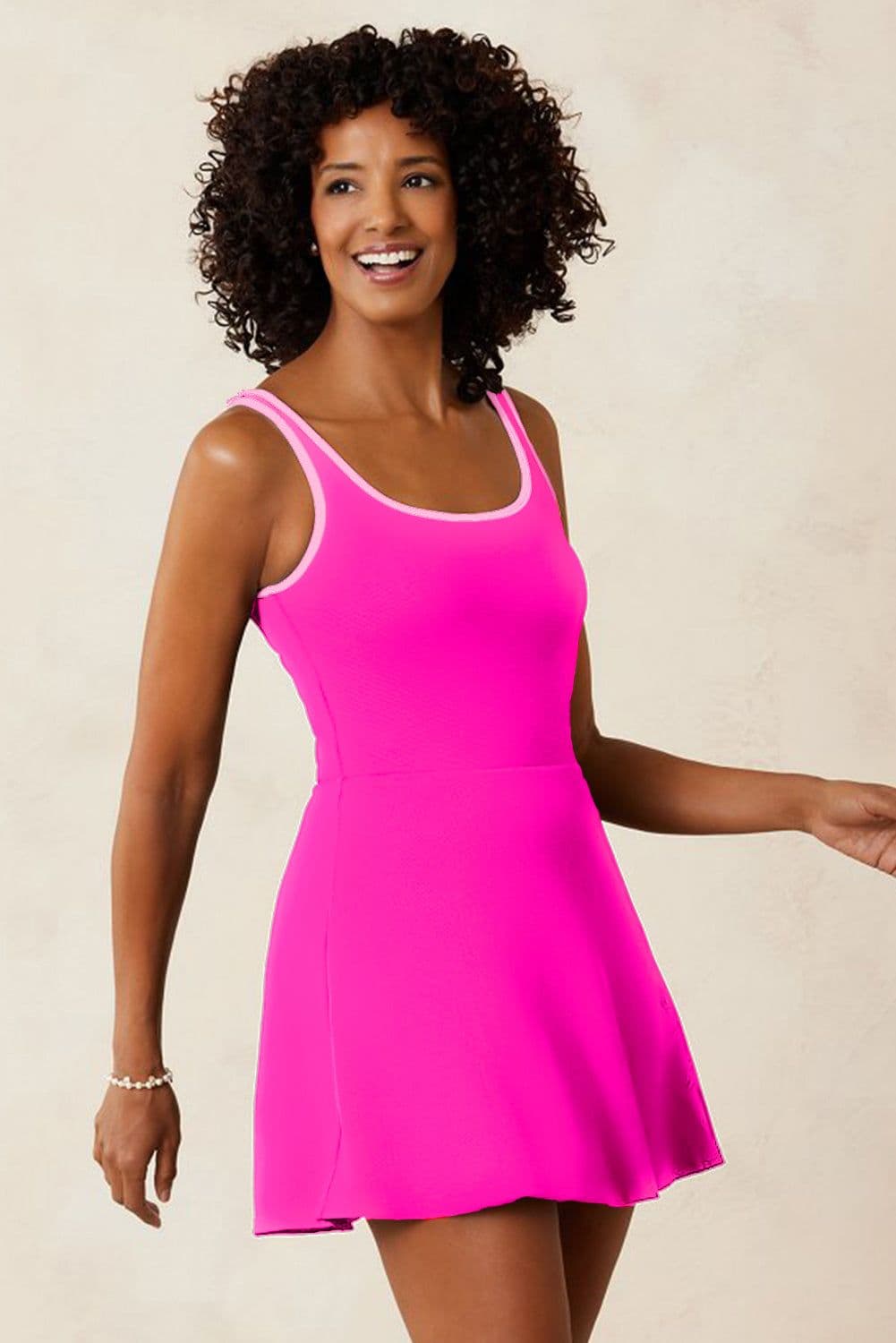 image-Rose Red Contrast Trim Neckline Active Shorts Attached One Piece Swim Dress