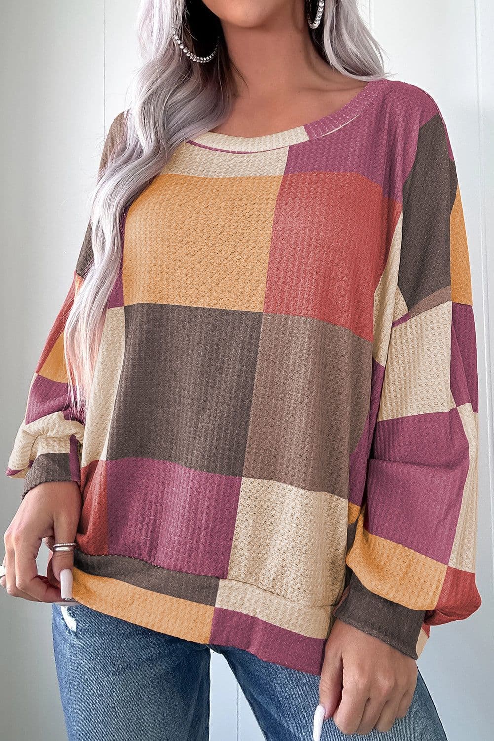 image-Rose Red Checkered Print Textured Knit Long Sleeve Loose Top