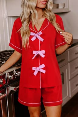 image-Fiery Red Contrast Trim Ribbon Bow Short Silky 2pcs Pajama Set